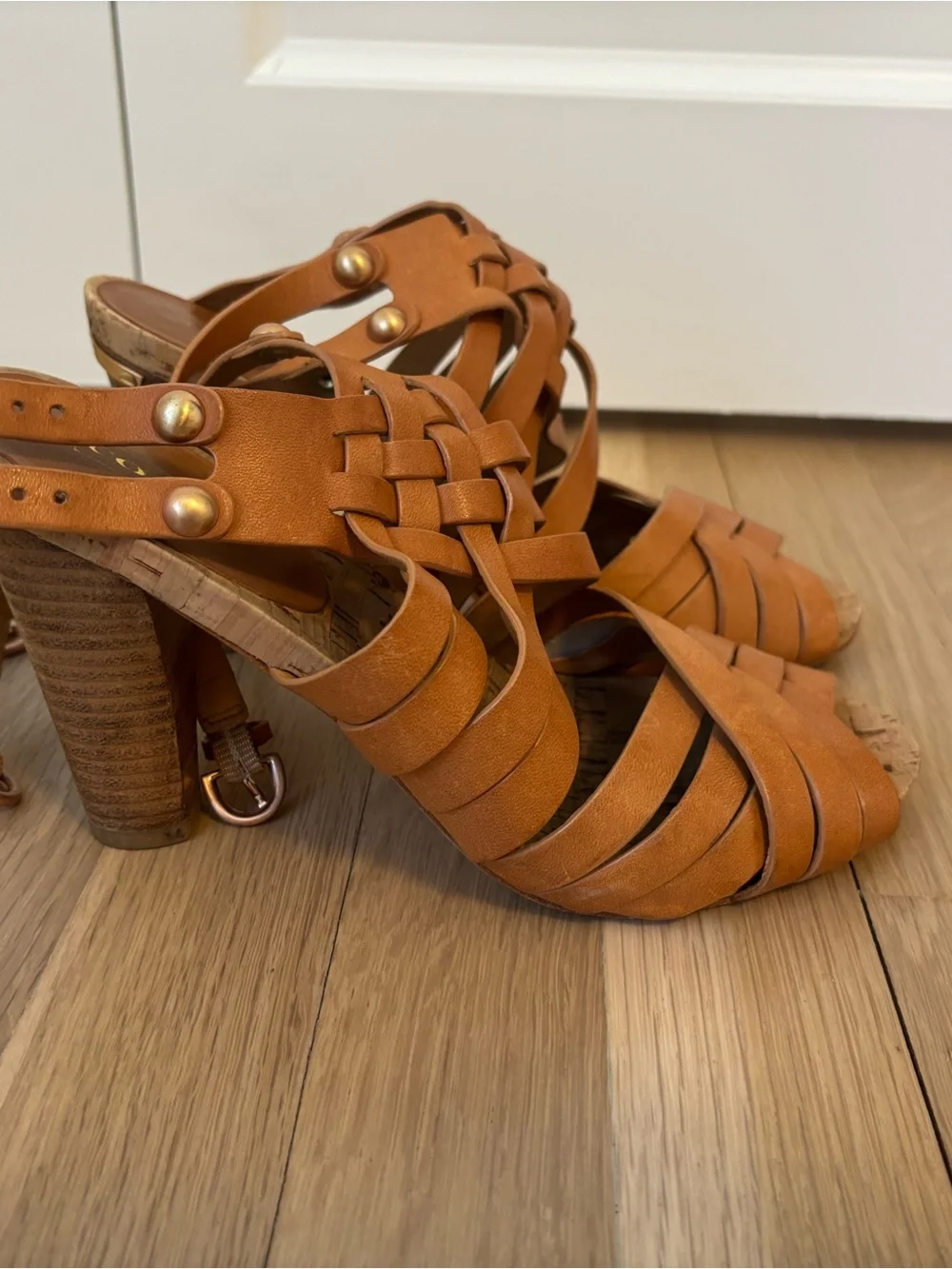 Coach Cognac Woven Leather Wedge Sandals - Women's